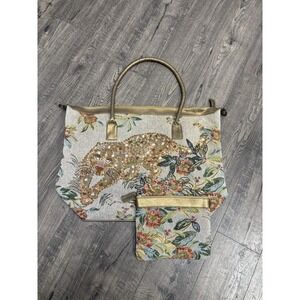 Y2K Signature Club A Tote beaded Tapestry Cheetah Cat  Large Tote Bag VTG